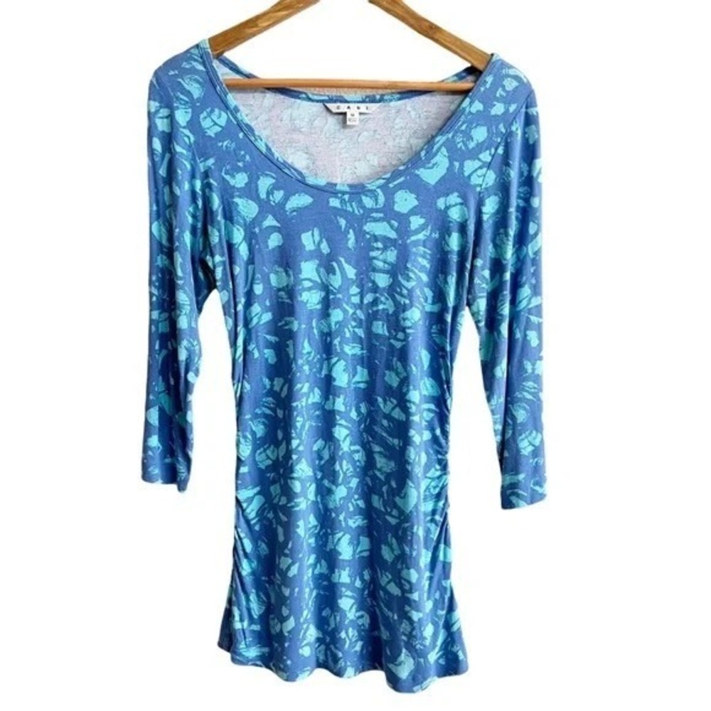 Cabi Women Blue Teal Abstract Print Ruched 3/4 Sleeve Scoop Neck Top Medium